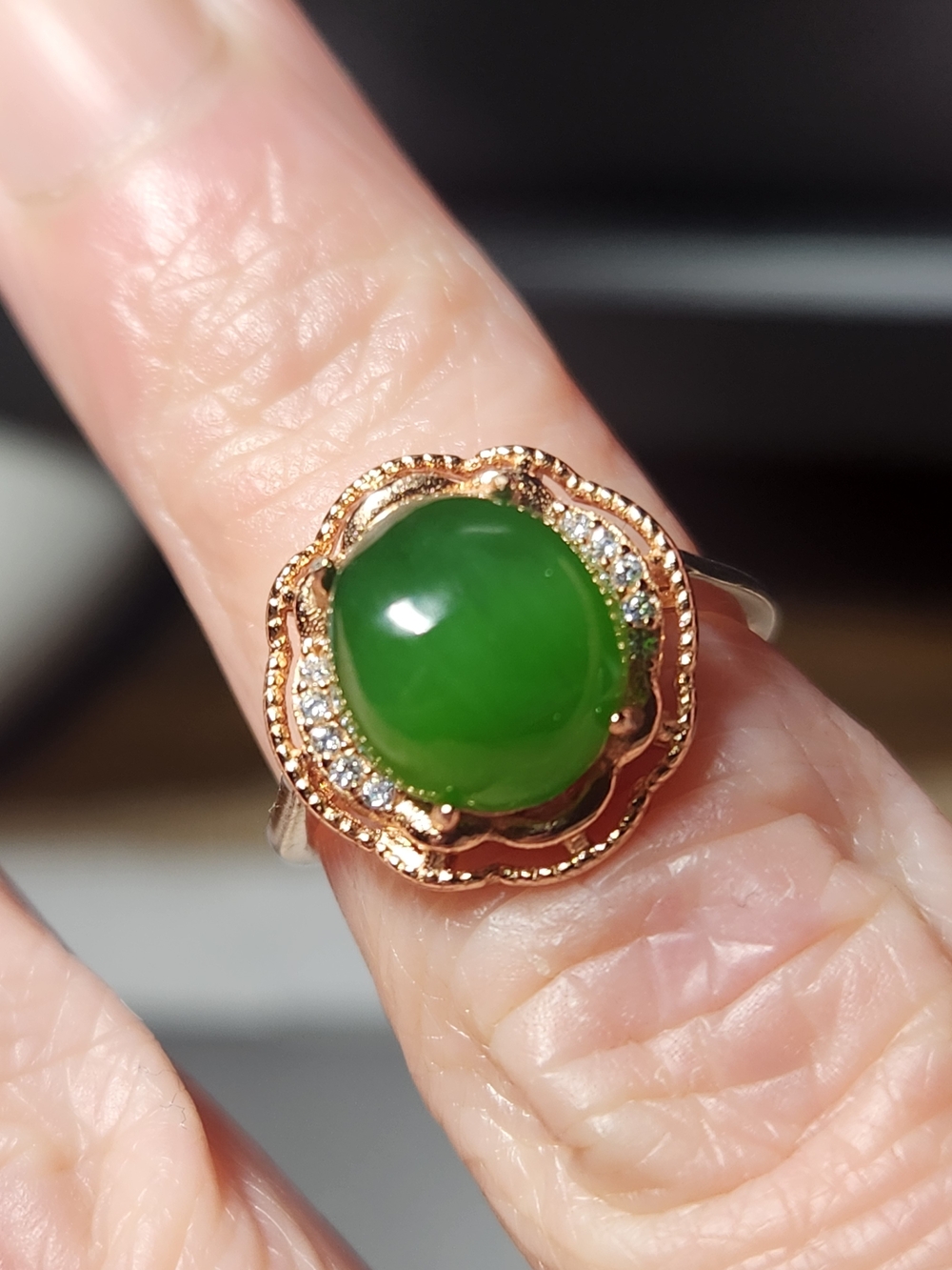 Green Jade Dome Ring with Rose Gold Halo